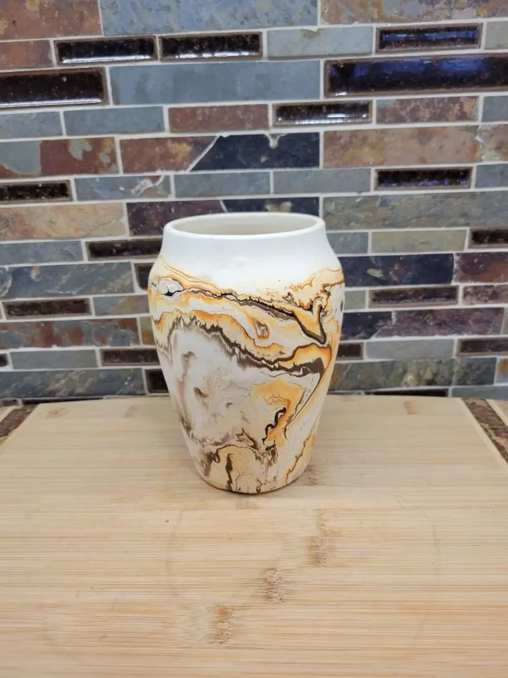 Vintage Nemadji Pottery Swirl Vase Orange Brown Cream Marbled Art Decor USA